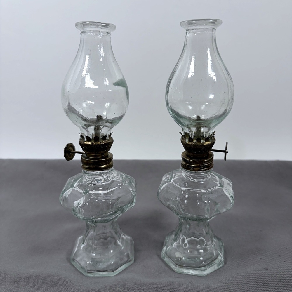 Vintage Miniature Glass Oil Lamps Pair Octagon Base Clear Hurricane 8 Inch